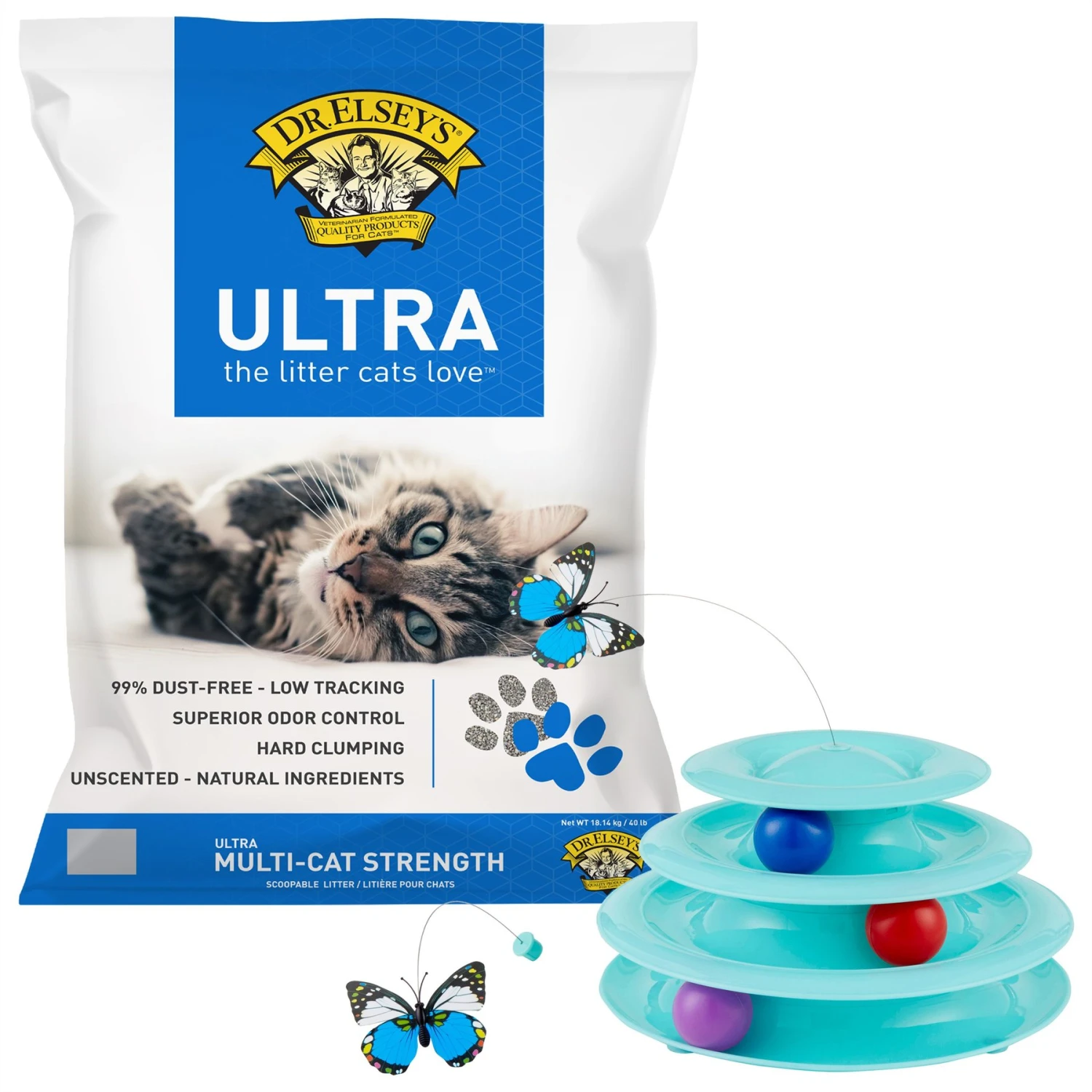 Frisco Butterfly Cat Tracks Cat Toy & Dr. Elsey's Ultra Unscented Clumping Clay Cat Litter