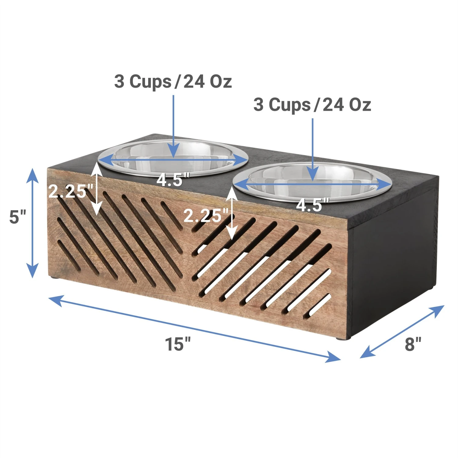 Frisco Premium Wood Elevated Stainless Steel Double Diner Dog & Cat Bowl, Black, 3 Cup - Image 2
