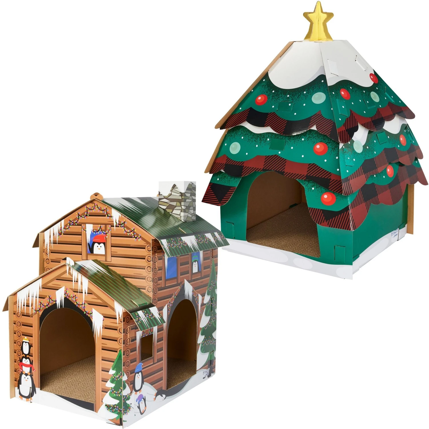 Frisco Holiday Log Cabin Cardboard Cat House & Frisco Holiday Christmas Tree Cardboard Cat House